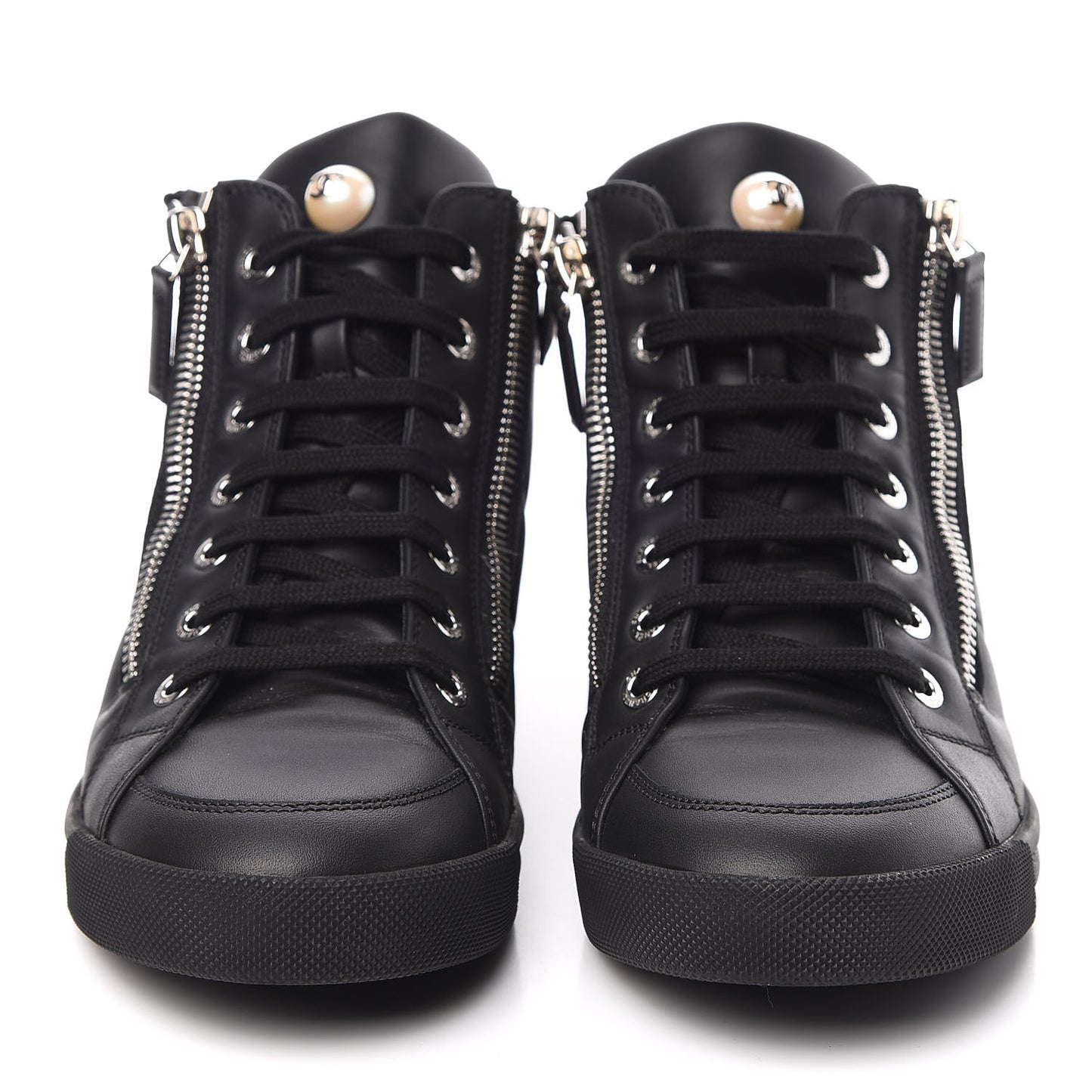 Calfskin Pearl High Top CC Sneakers 36.5 Black