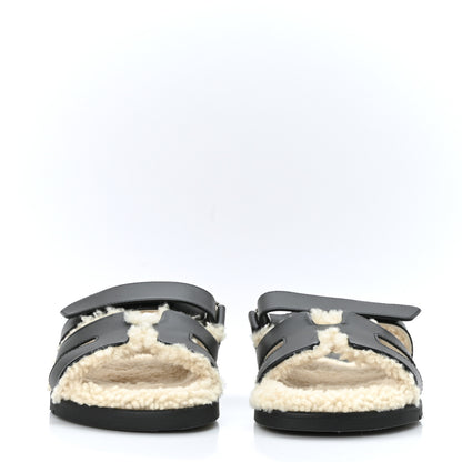 Hermes Veau Indios Woolskin Womens Chypre Sandals 36 Black Ecru 2 of 8