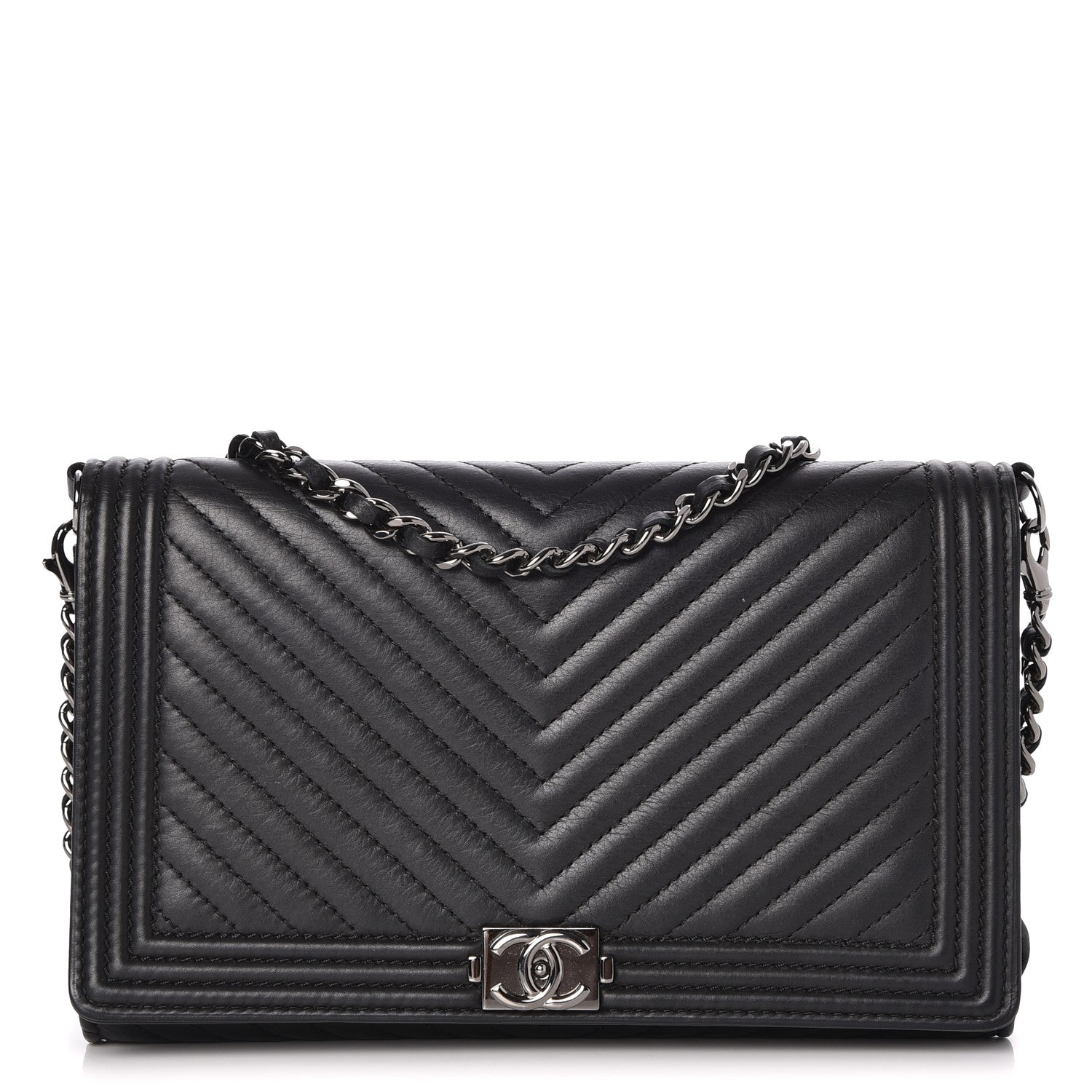 Chanel Calfskin Chevron Boy Wallet On Chain WOC Black 1 of 9
