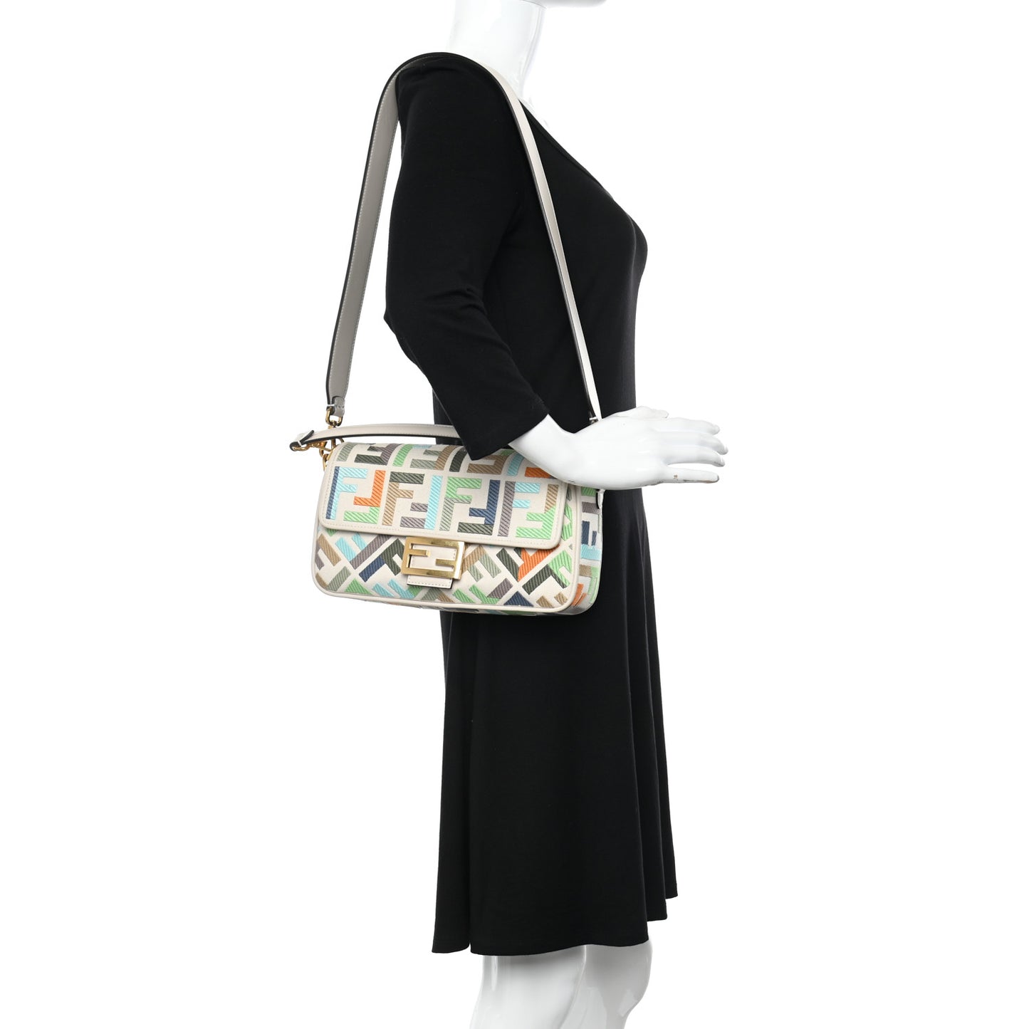Canvas Vitello Seta FF Multicolor Embroidered Baguette Grezzo Multicolor Latte