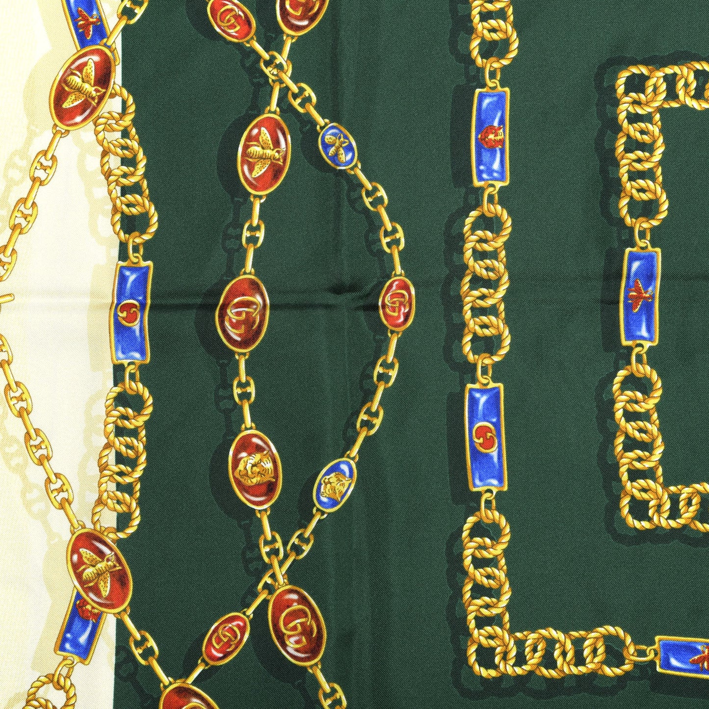 Silk Twill Chain Print Square Scarf Ivory Dark Green