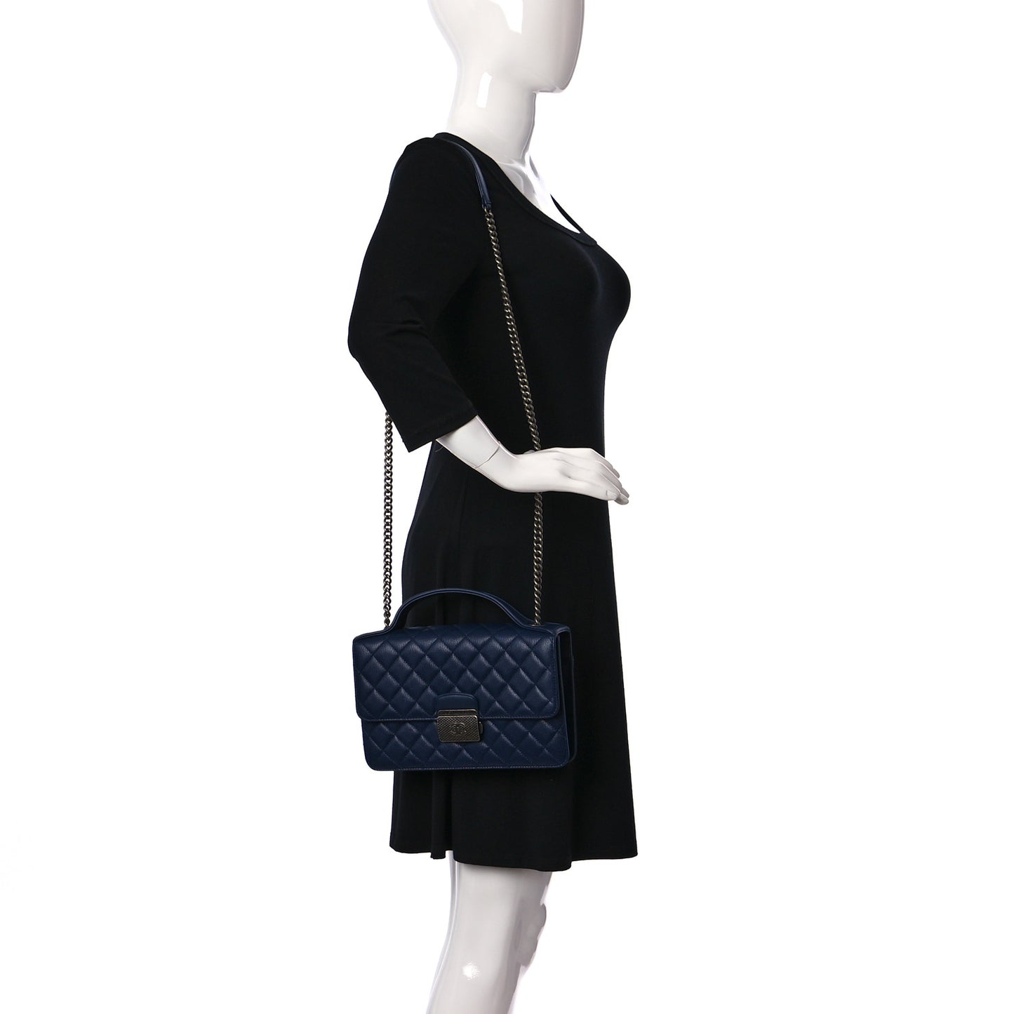Goatskin Quilted Small CC University Top Handle Flap Blue