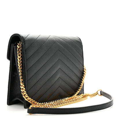 Saint Laurent Grain De Poudre Matelasse Chevron Monogram Envelope Chain Wallet Black 3 of 14
