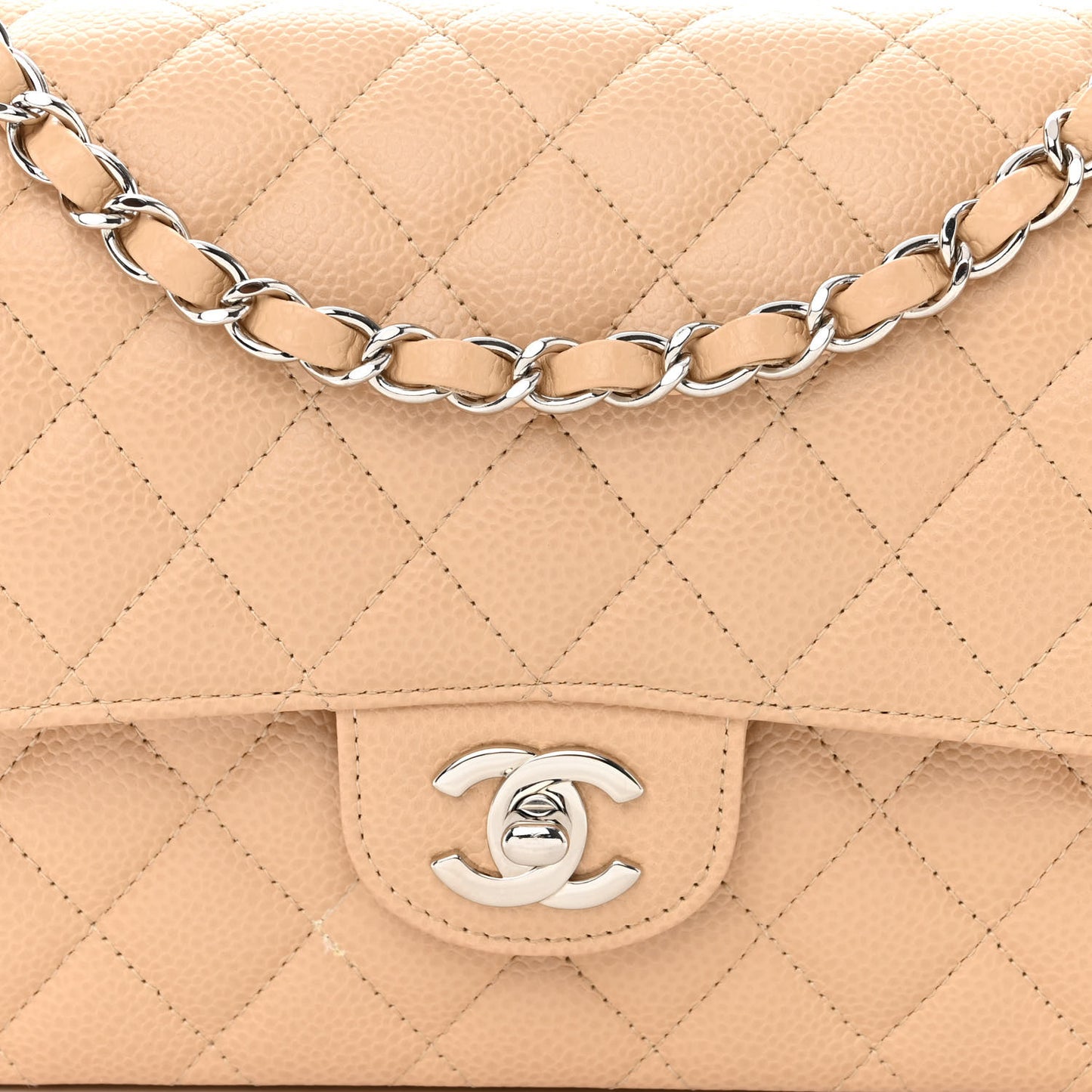 Caviar Quilted Medium Double Flap Beige