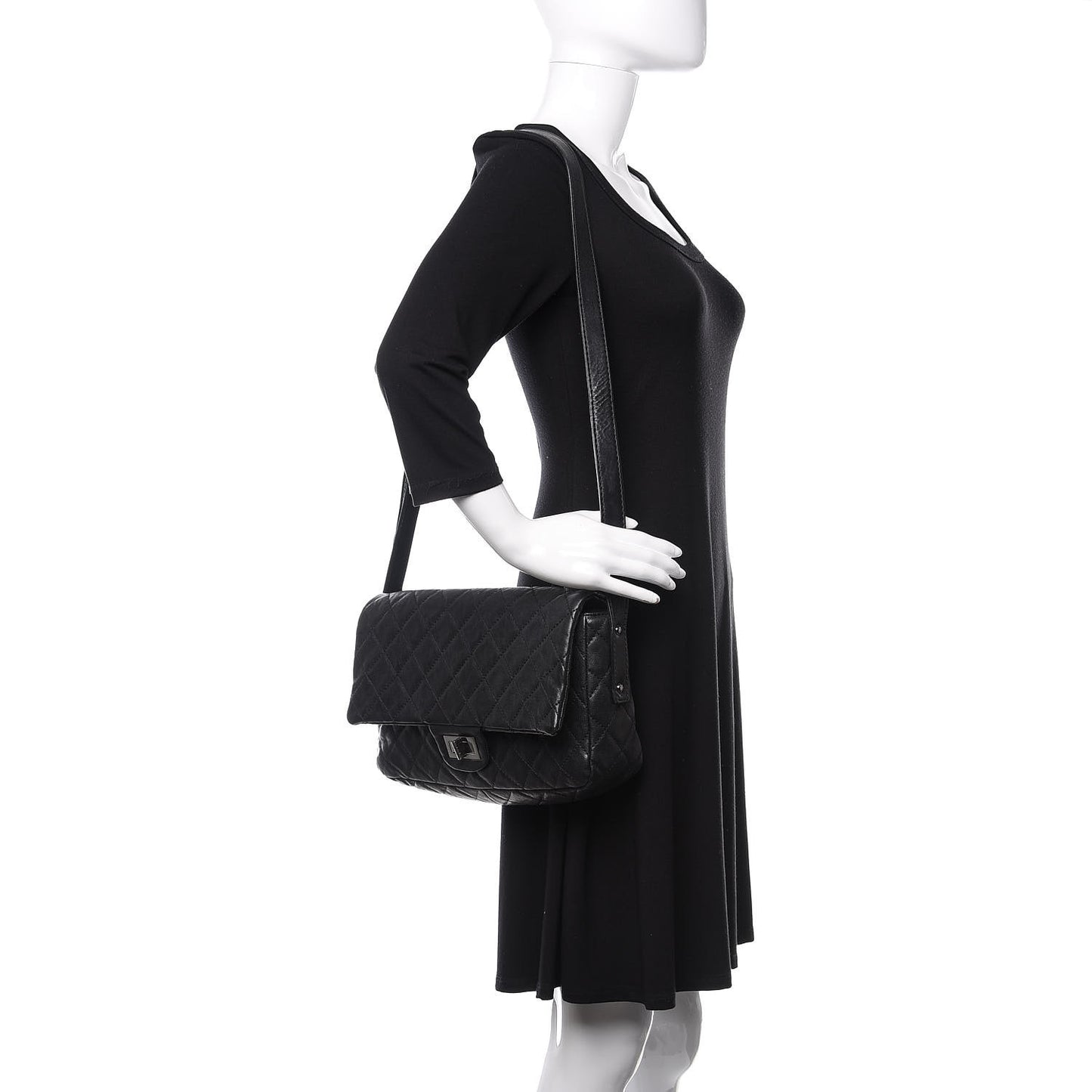 Calfskin Quilted Jumbo Easy Reissue Messenger Flap Black