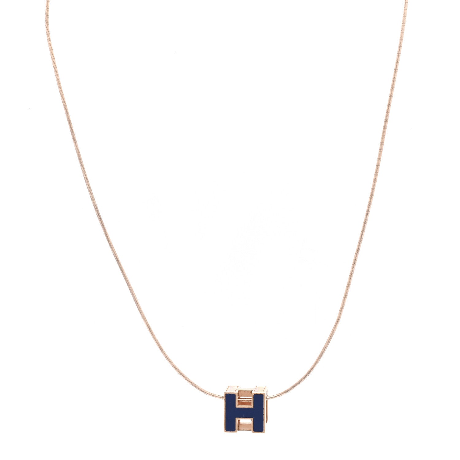 Hermes Rose Gold Lacquered Cage d'H Pendant Necklace Bleu Sature 1 of 7