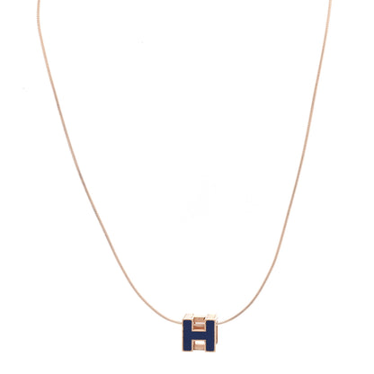 Hermes Rose Gold Lacquered Cage d'H Pendant Necklace Bleu Sature 1 of 7