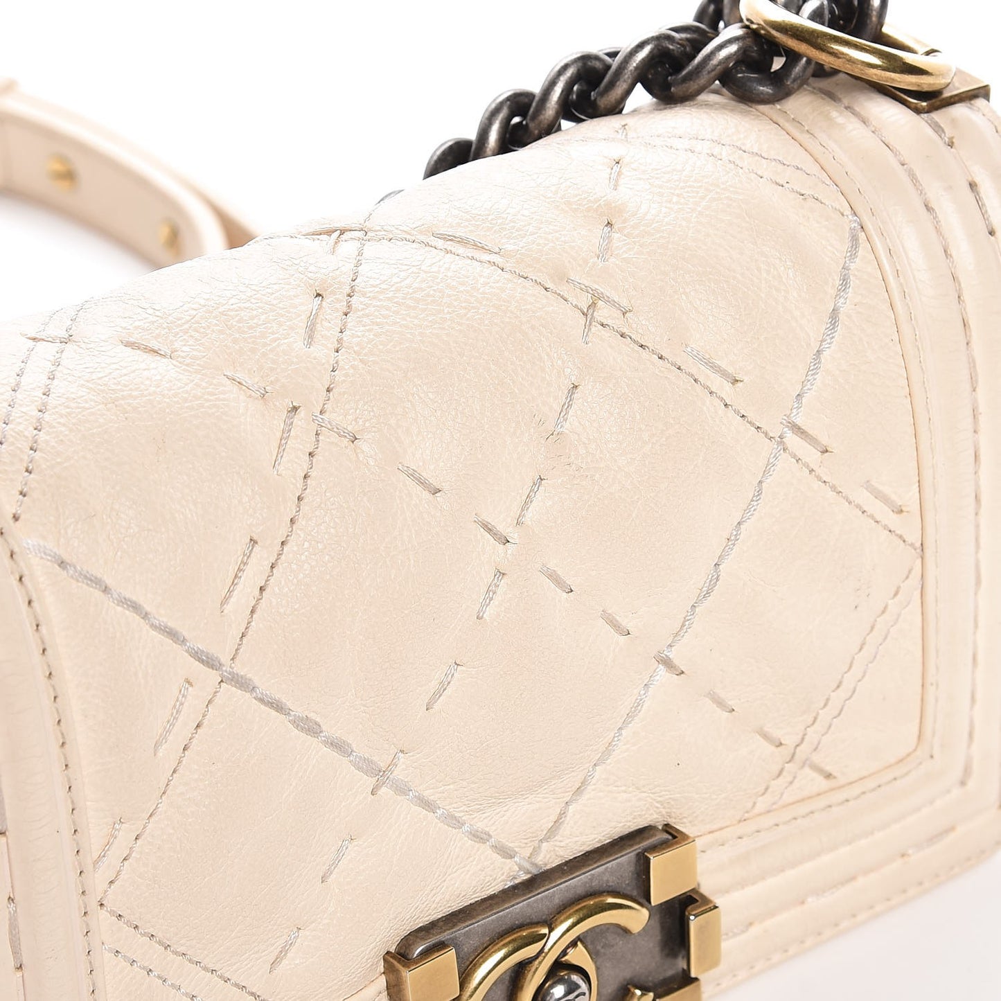 Calfskin Double Stitch Small Boy Flap White