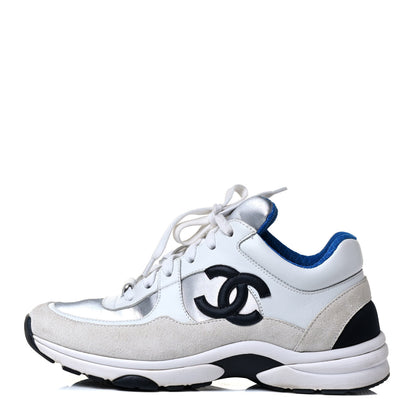 Chanel Suede Calfskin Womens CC Sneakers 37 White Silver Blue 1 of 8