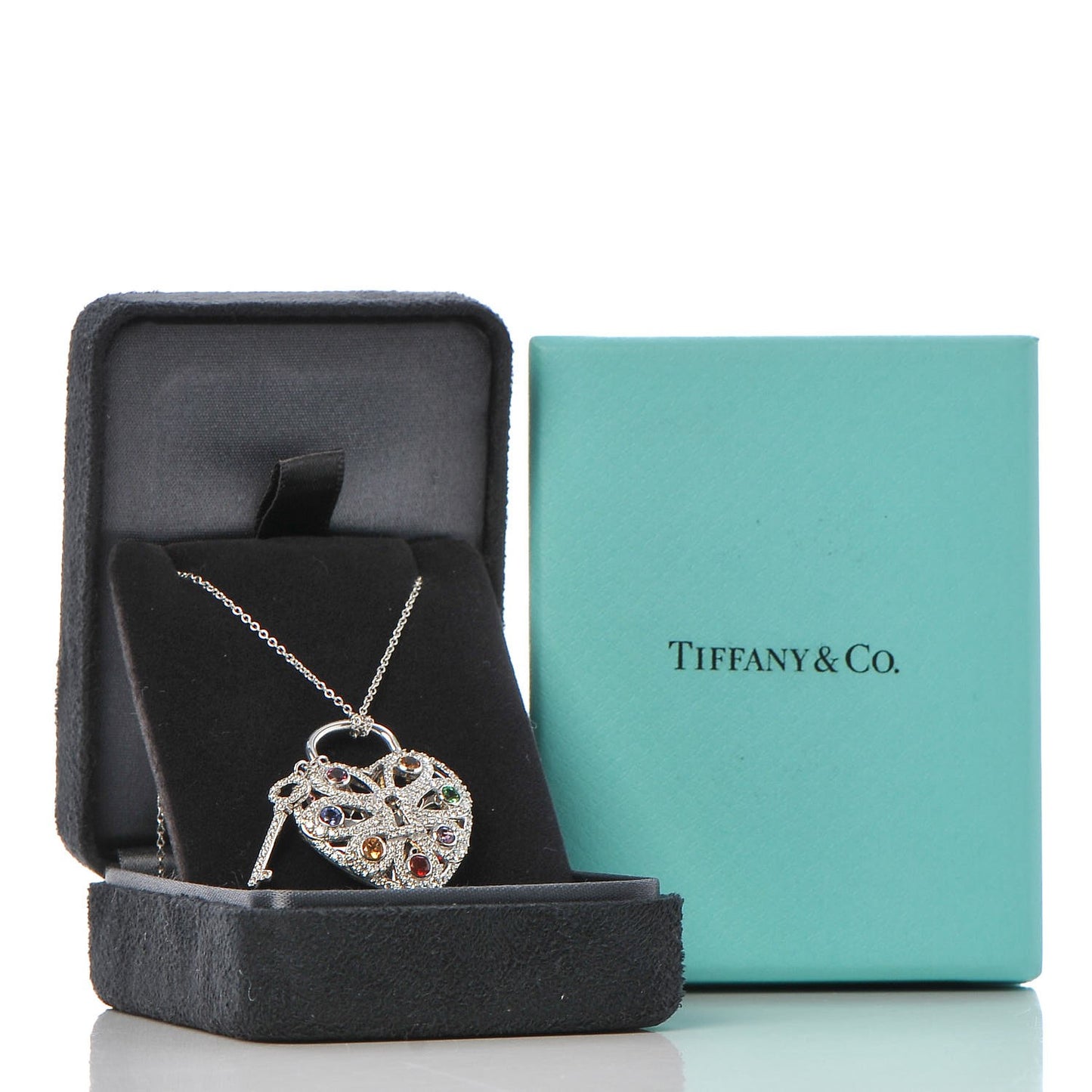 18K White Gold Diamond Multistone Filigree Heart Pendant Necklace