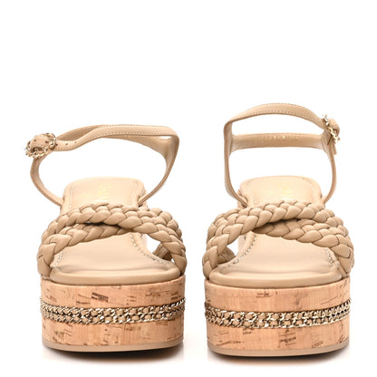 Chanel Lambskin Espadrille Braided Platform Sandals 38 Beige 2 of 9