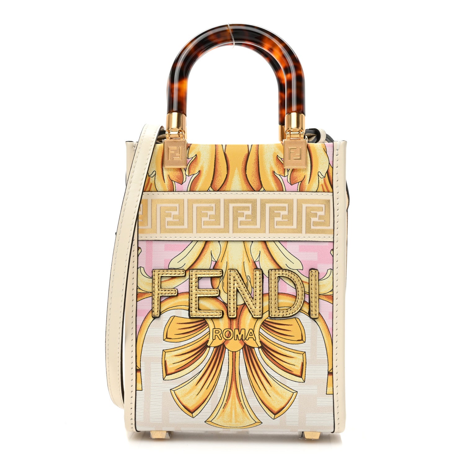 Fendi X VERSACE Calfskin Plexiglass Fendace FF Baroque Mini Fendi Sunshine Shopper Tote Gold Rosa White Ice Ciad 1 of 9
