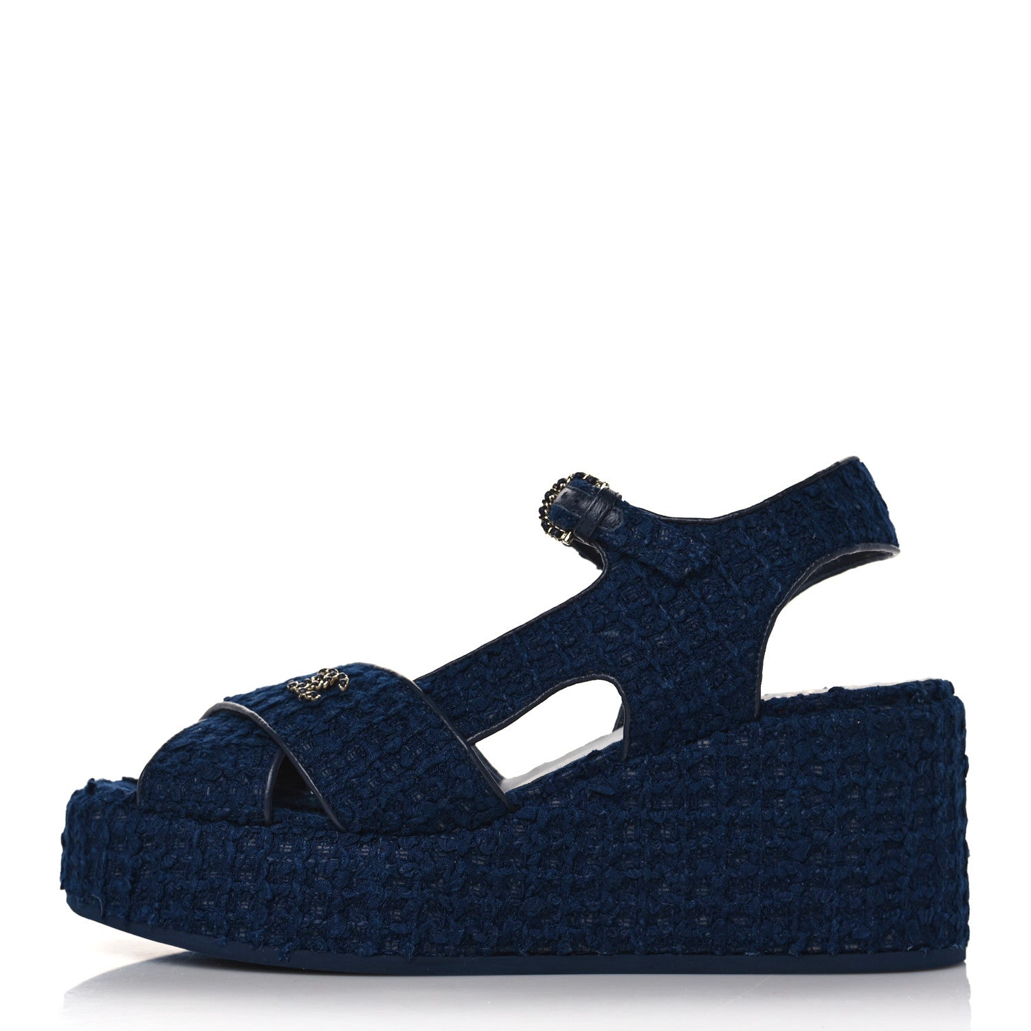 Chanel Cotton Tweed Quilted CC Platform Sandals 39 Navy Blue 1 of 9