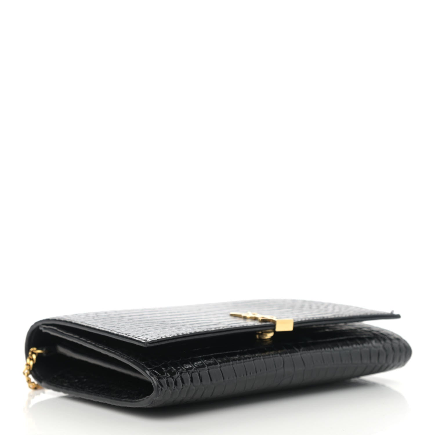 Saint Laurent Calfskin Crocodile Embossed Monogram Chain Wallet Black 3 of 12