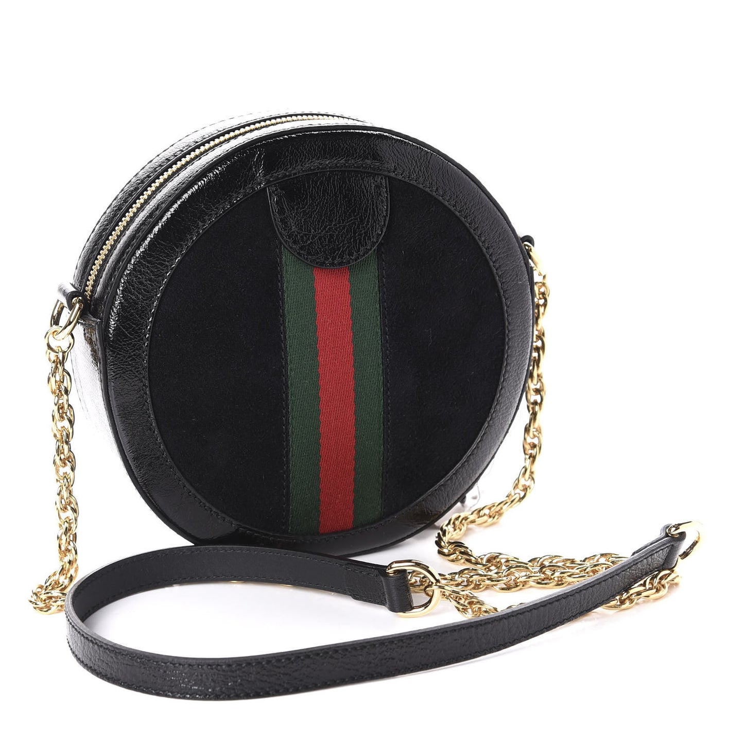 Suede Patent Web Mini Ophidia Round Shoulder Bag Black