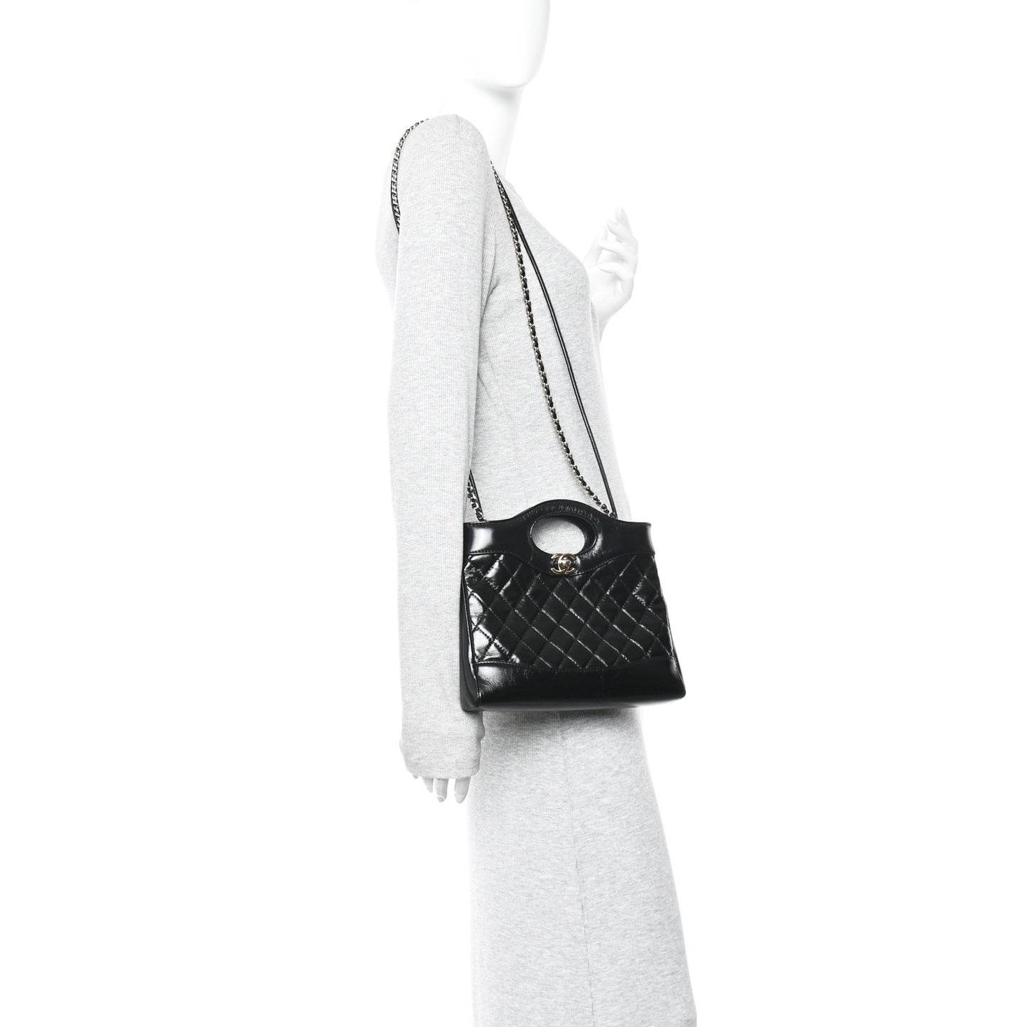 Shiny Lambskin Quilted Mini 31 Shopping Bag Black