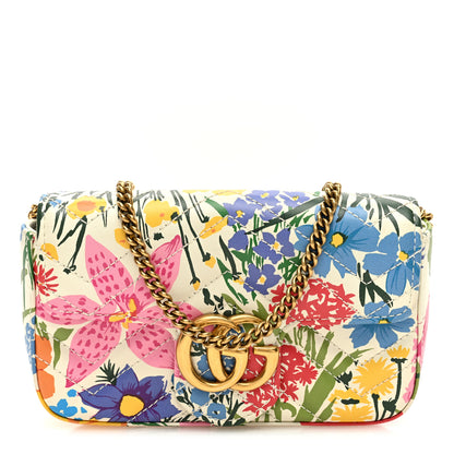 Gucci X KEN SCOTT Calfskin Matelasse Floral Print Super Mini GG Marmont Shoulder Bag Ivory Pink 1 of 10