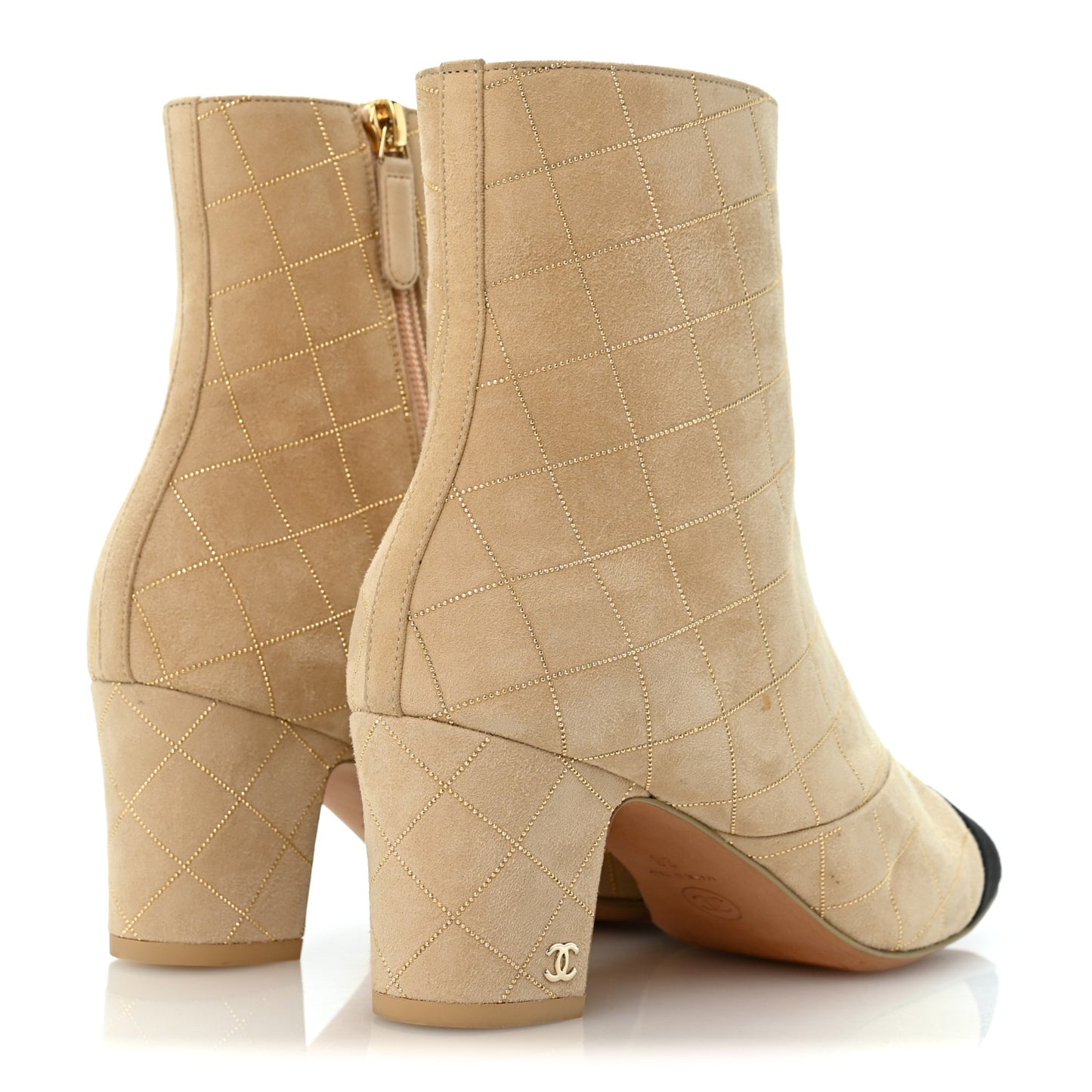 Suede Goatskin Grosgrain Quilted Cap Toe Short Boots 38 Beige Golden Black