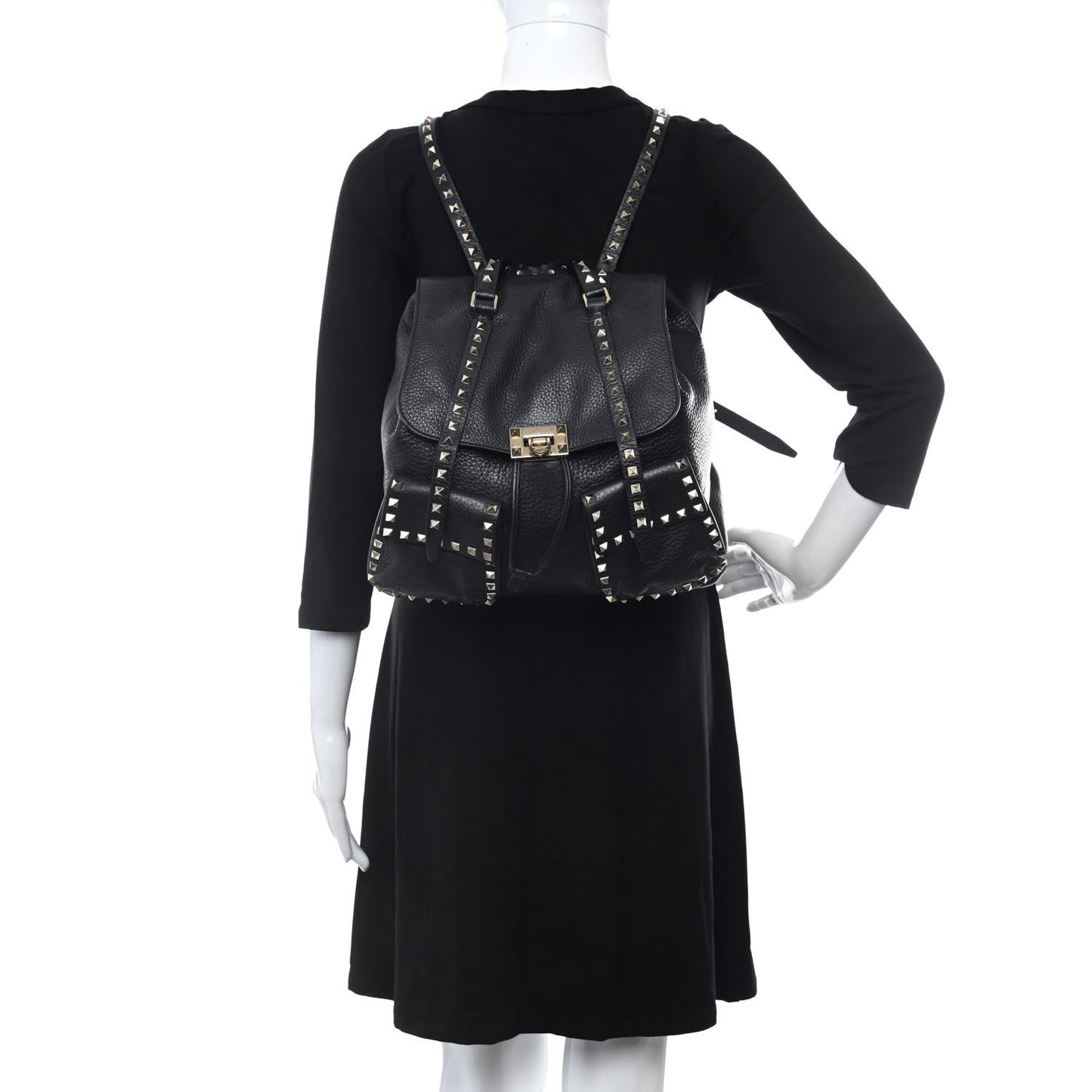 Pebbled Calfskin Rockstud Double Pocket Backpack Black