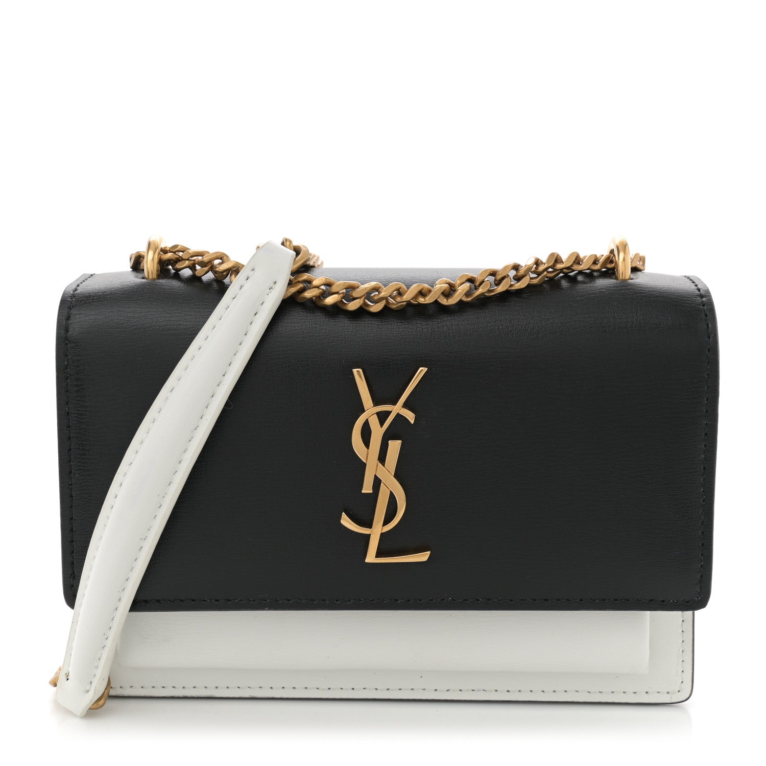 Saint Laurent New Aspen Calfskin Bi-Color Monogram Sunset Chain Wallet Black Dirty White 1 of 14