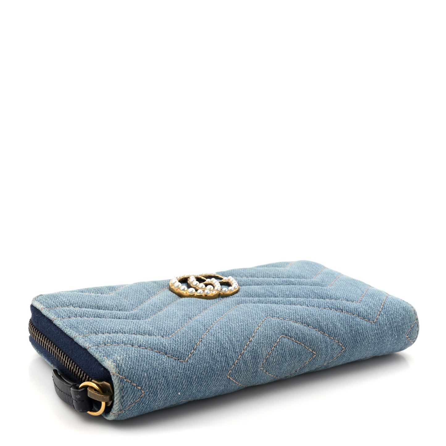 Denim Matelasse Pearly GG Marmont Zip Around Wallet Blue