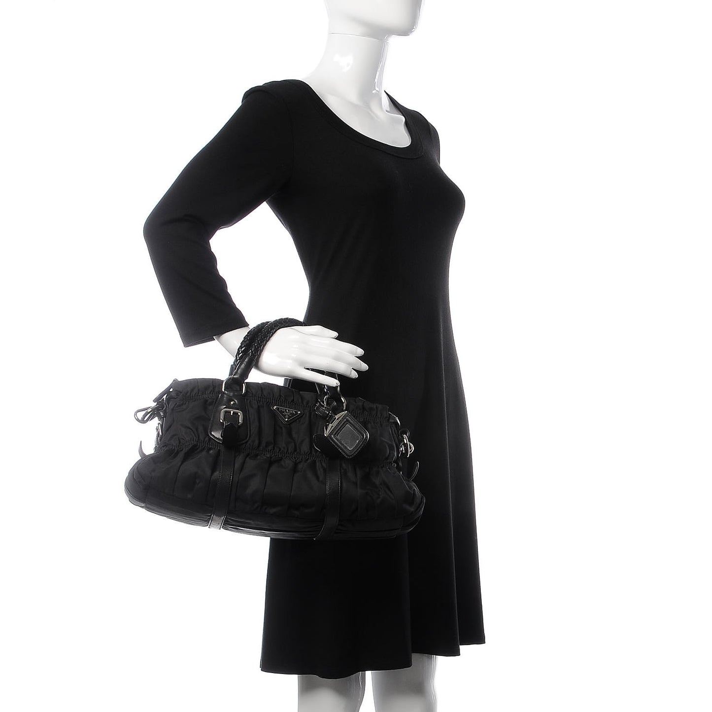 Tessuto Nylon Nappa Braided Gaufre Shopping Satchel Black