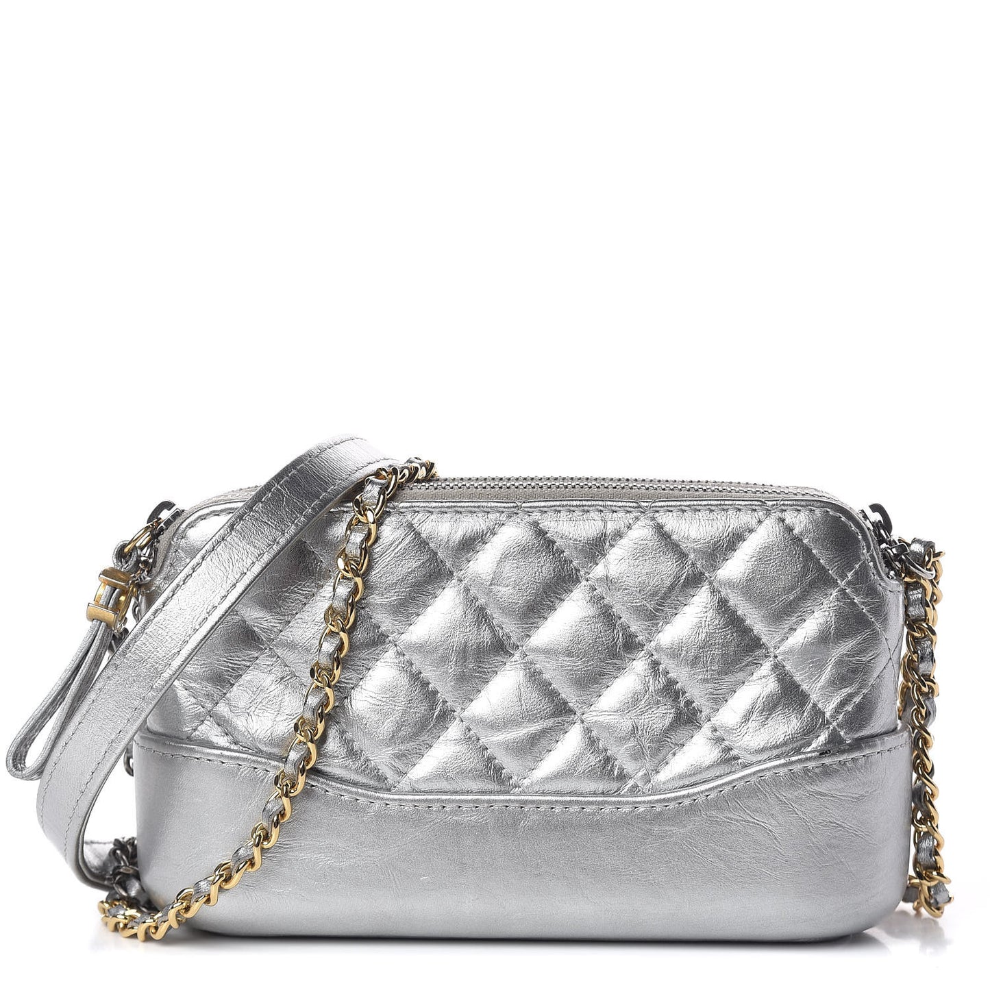 Metallic Lambskin Calfskin Quilted Small Gabrielle Clutch With Chain Silver
