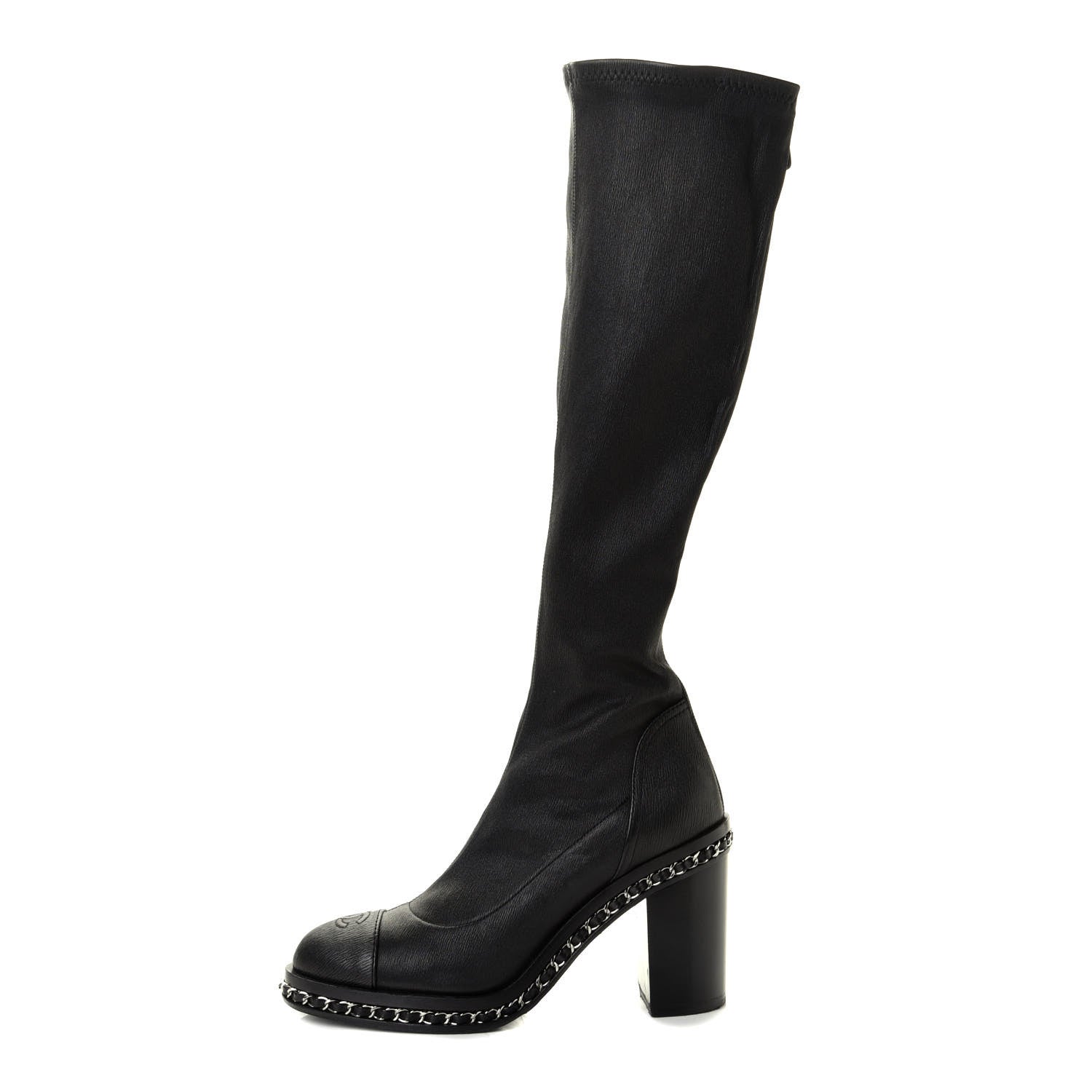 Chanel Fabric Grosgrain CC High Cap Toe Chain Boots 39.5 Black 1 of 7