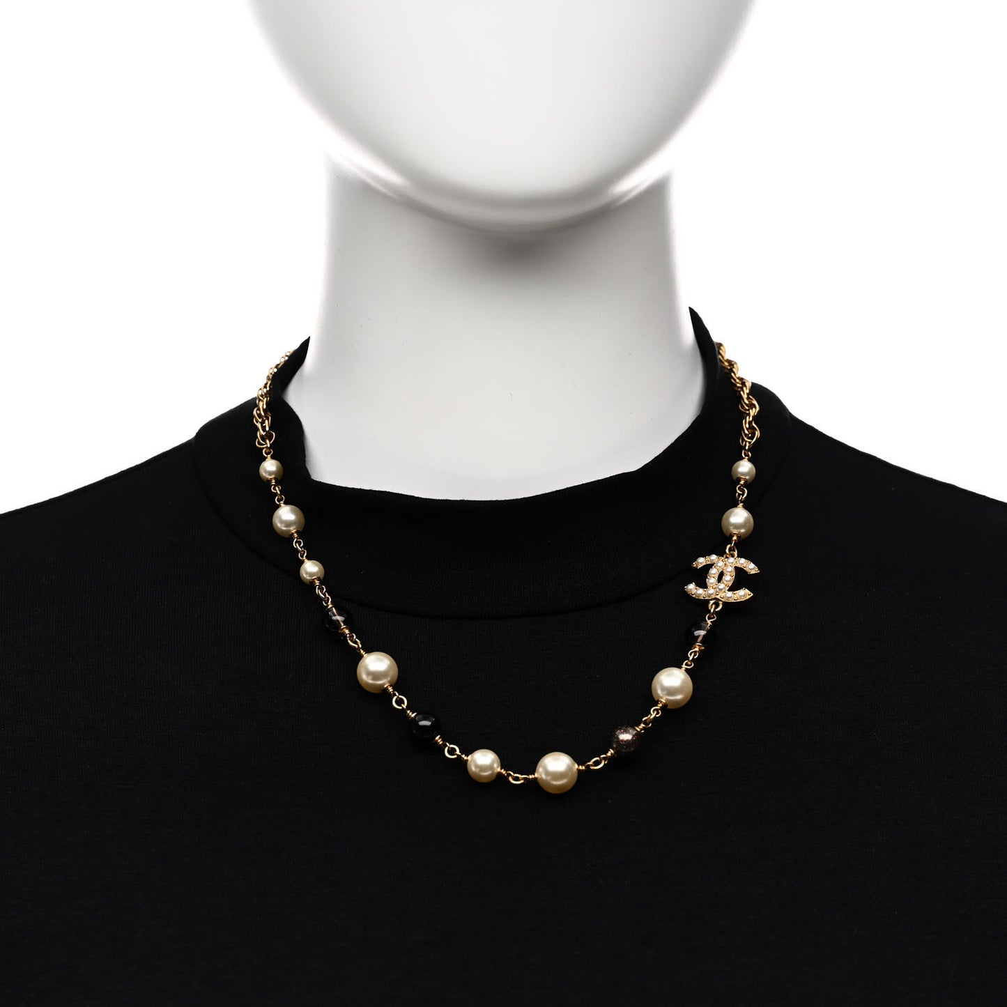 Pearl Bead CC Choker Necklace Gold Pearly White Black