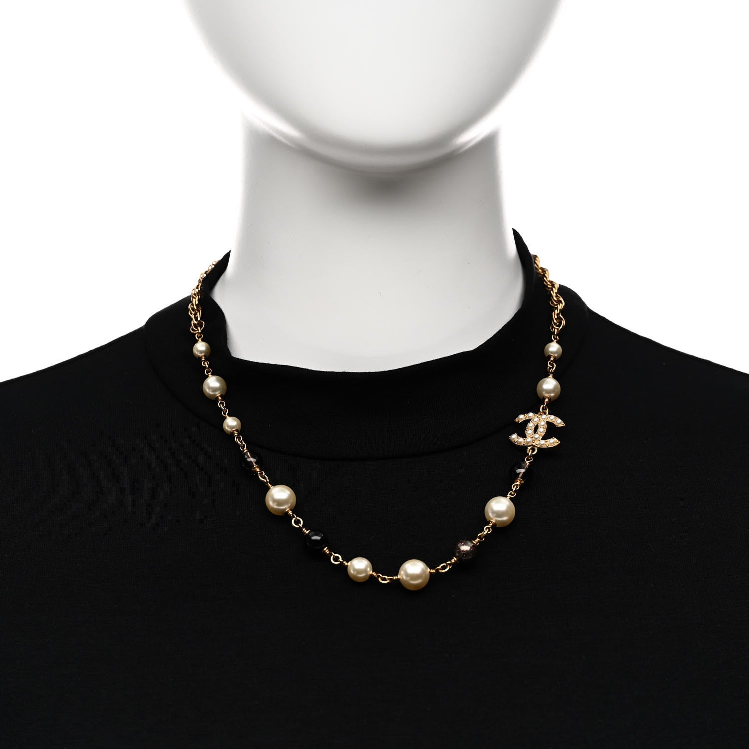 Chanel Pearl Bead CC Choker Necklace Gold Pearly White Black 2 of 6
