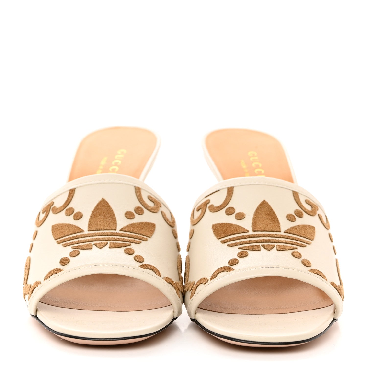 Gucci X ADIDAS Nappa Suede Monogram Jumbo GG Trefoil 75mm Slide Sandals 38 New Mystic White Sand 2 of 9