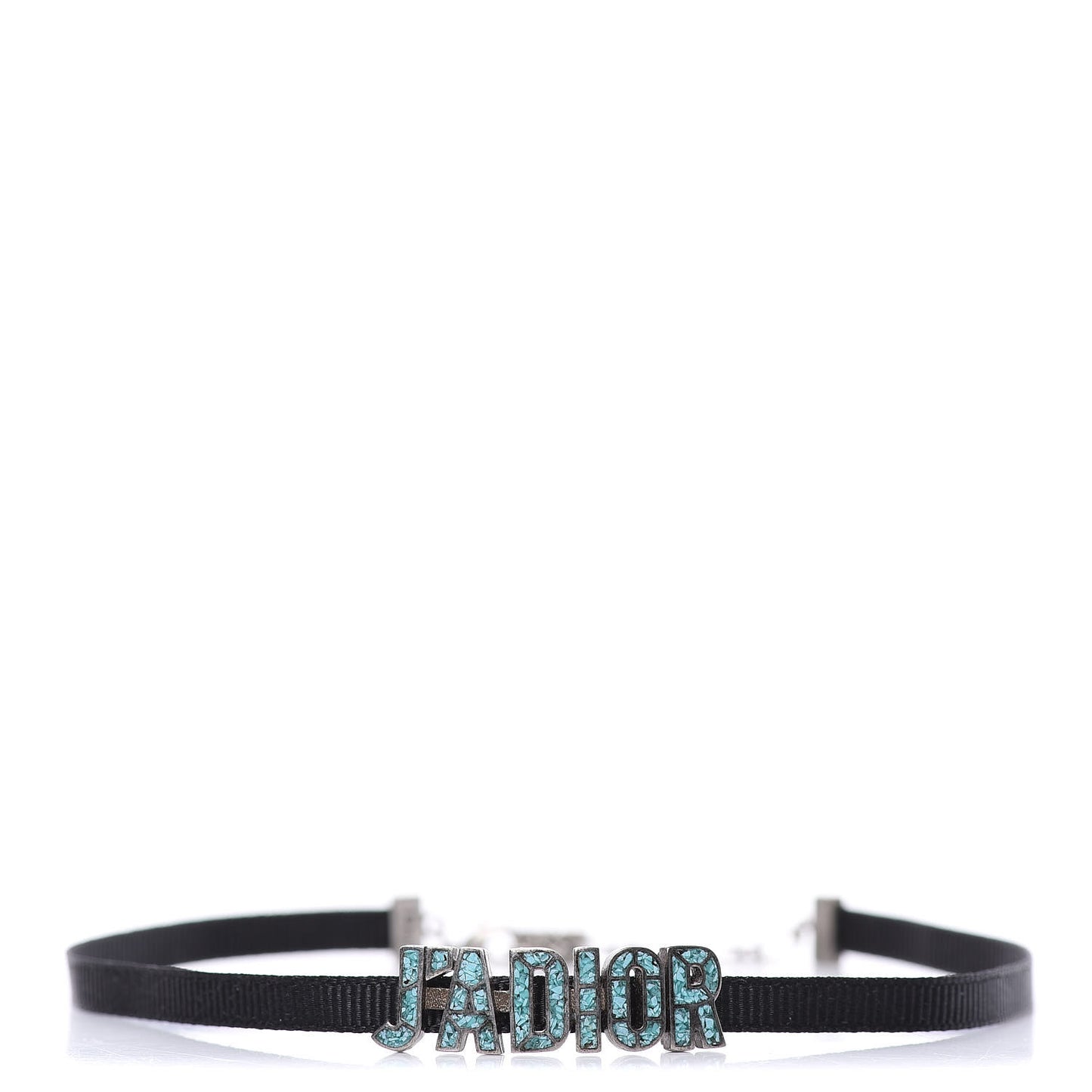 Grosgrain Ribbon Crystal J'Adior Logo Choker Necklace Black Turquoise