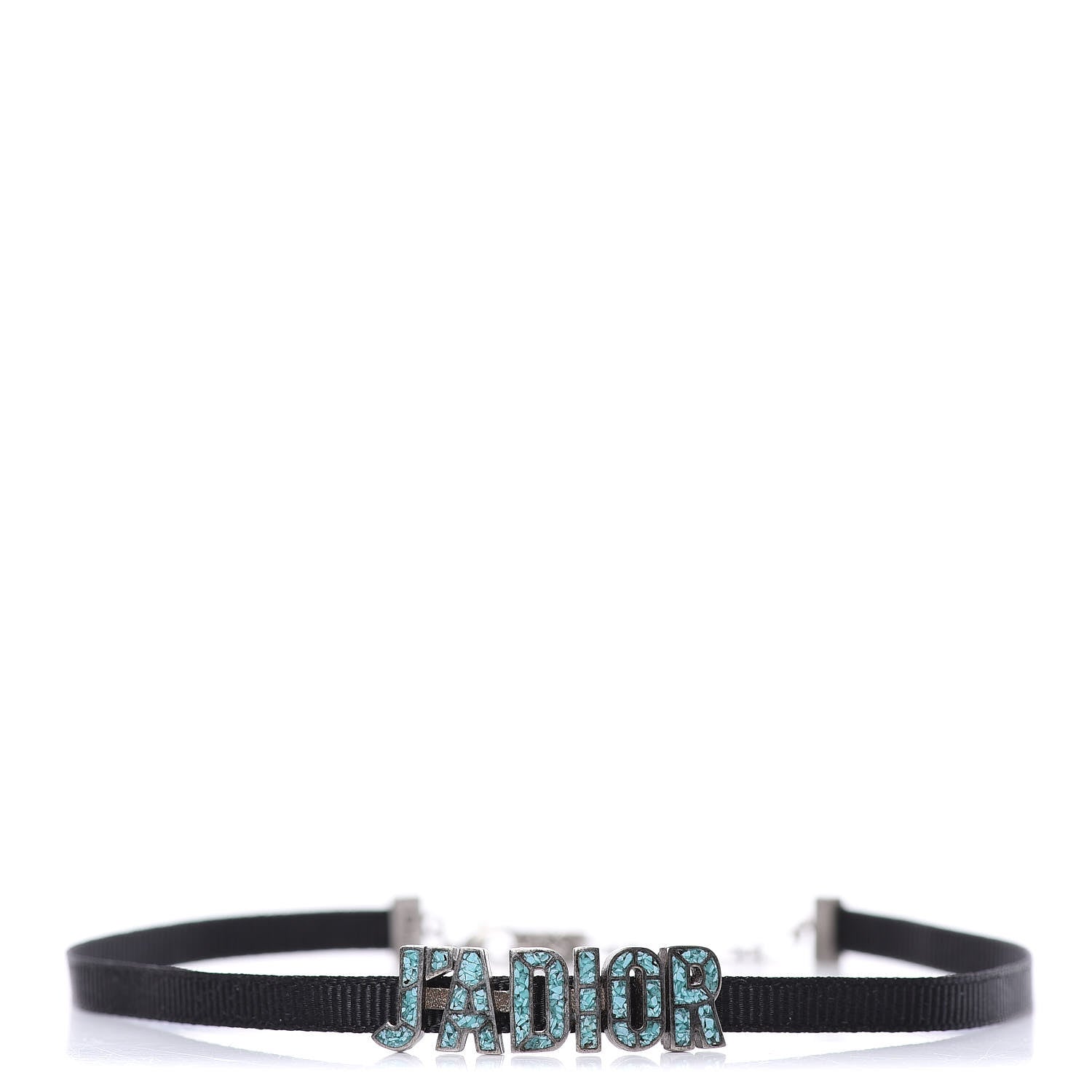 Christian Dior Grosgrain Ribbon Crystal J'Adior Logo Choker Necklace Black Turquoise 1 of 4
