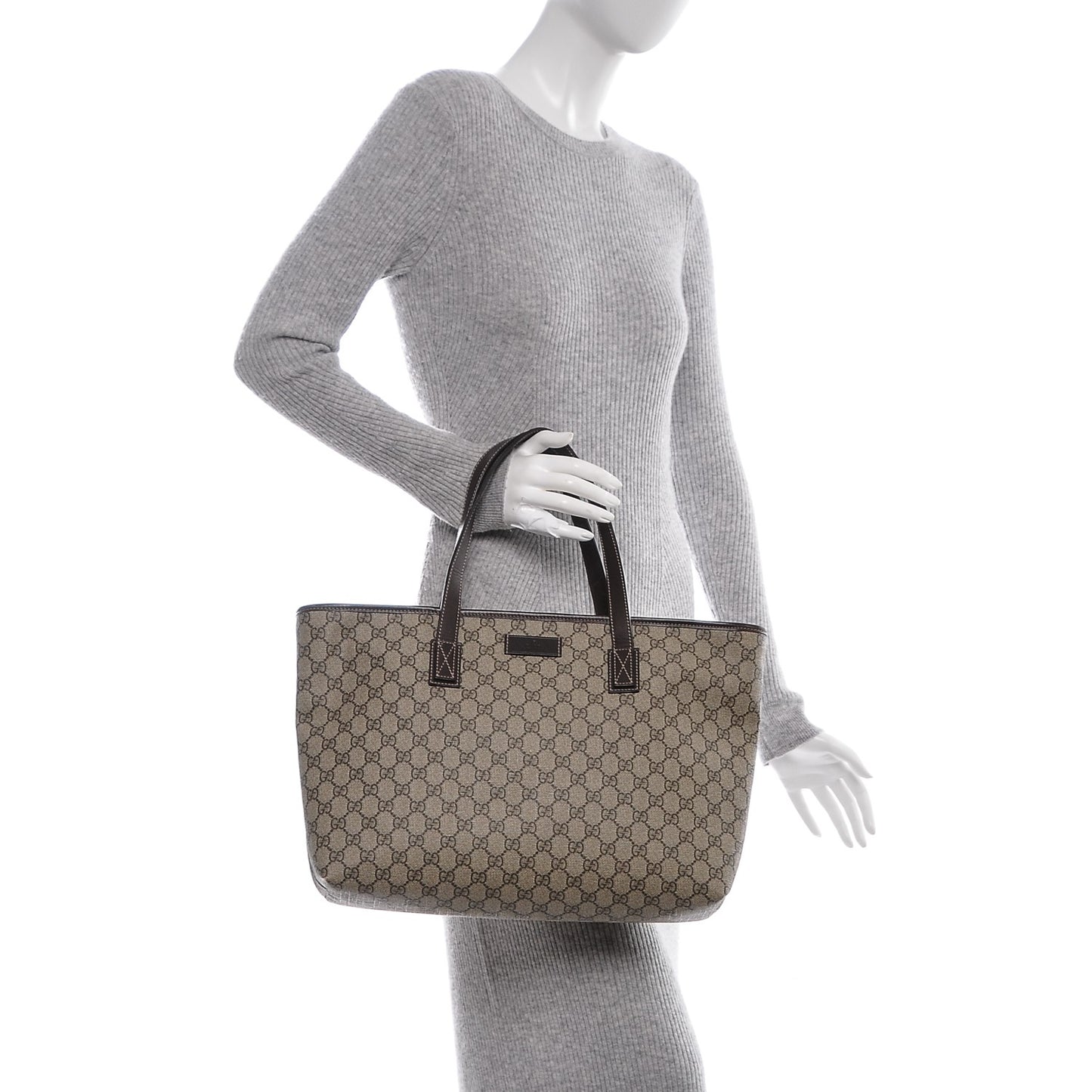 GG Supreme Monogram Medium Zippered Shopping Tote Dark Brown