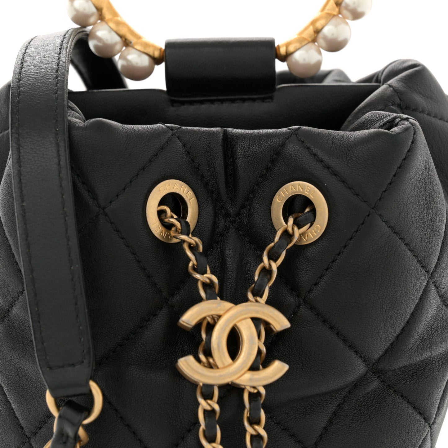 Lambskin Quilted Pearl Crown Drawstring Bag Black