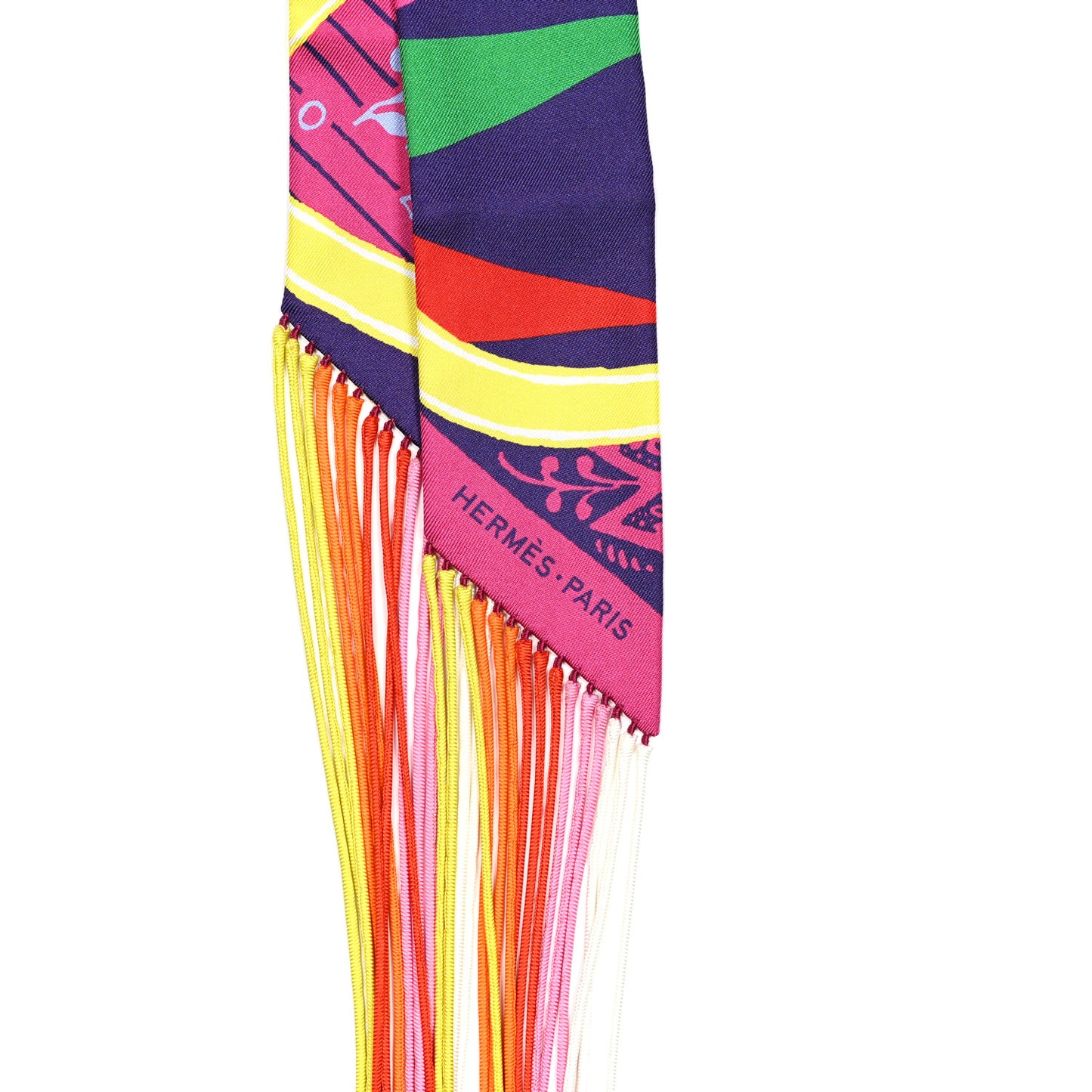 Silk Jeu de Soie Uniforme Fringed Twilly Fuchsia Rouge Multi