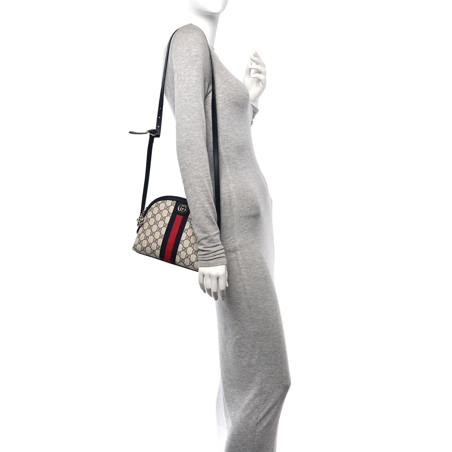 Gucci GG Supreme Monogram Textured Dollar Calfskin Web Small Ophidia Dome Shoulder Bag Beige Blue 2 of 14