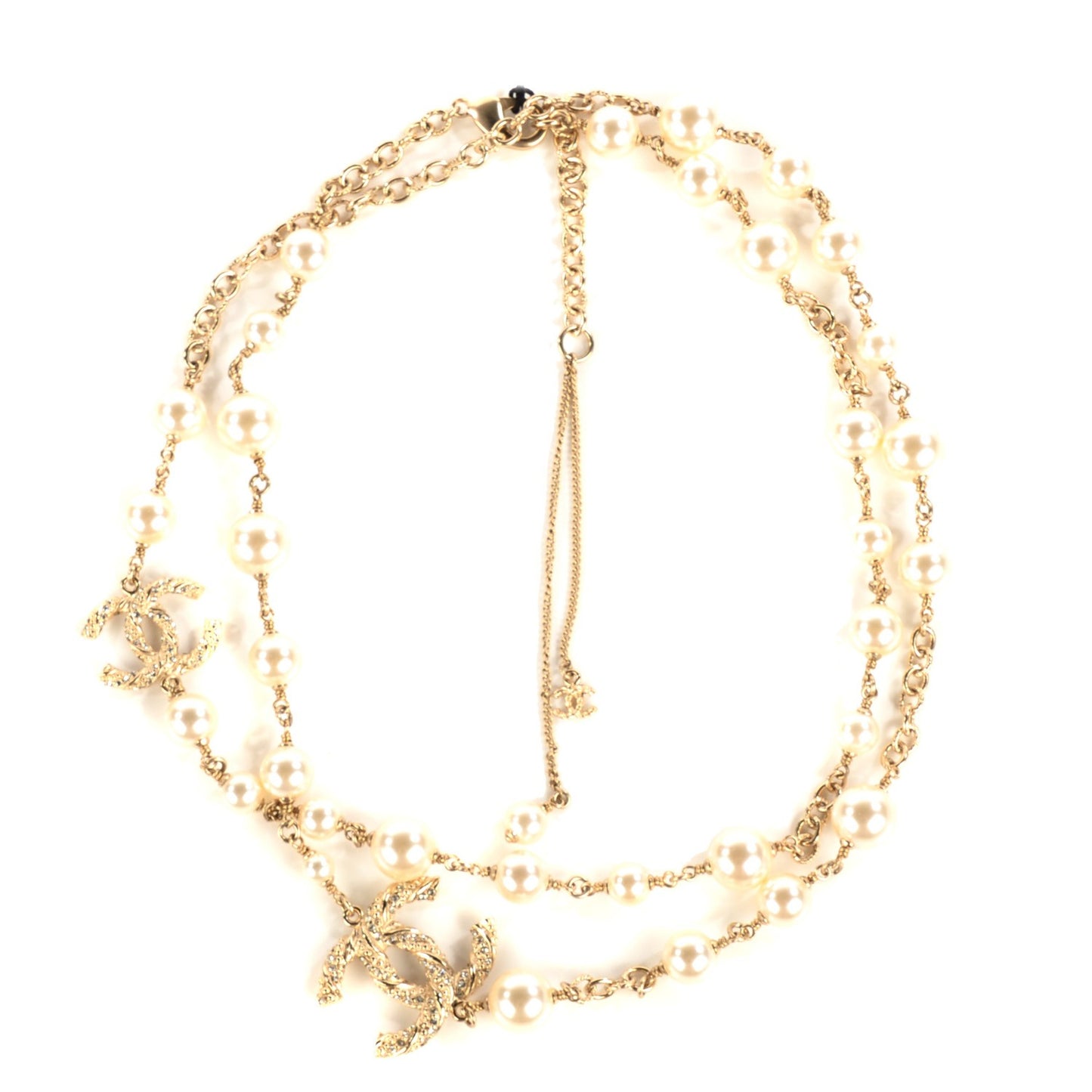Pearl Crystal CC Long Necklace Gold