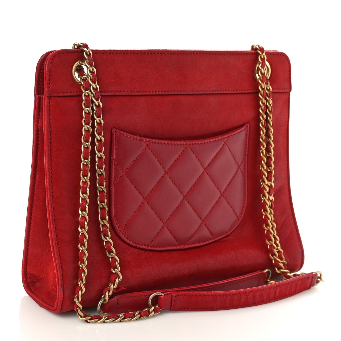 Lambskin Quilted Square Front Pocket Clutch With Chain Red