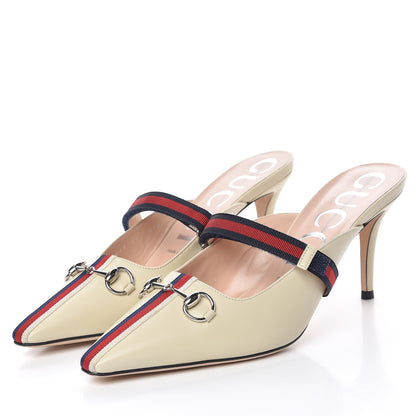 Gucci Malaga Kid Sylvie Web Cross Strap Mid-Heel Slides 39 Vintage White 3 of 12