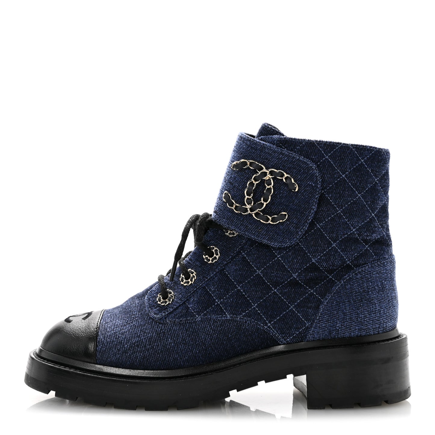 Shiny Calfskin Velvet Quilted Lace Up Combat Boots 39 Blue