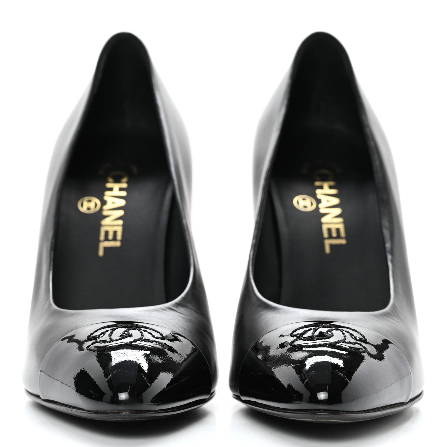 Chanel Lambskin Patent Metal Cap Toe CC Pumps 37.5 Black Gold 2 of 11