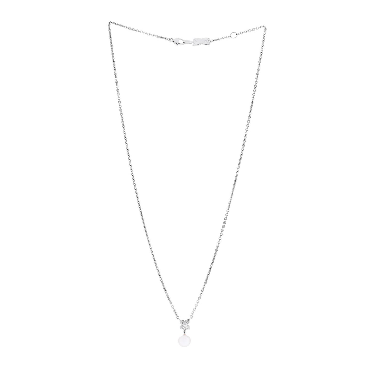 18K White Gold Diamond Akoya Cultured Pearl 7-7.5mm Flower Pendant Necklace