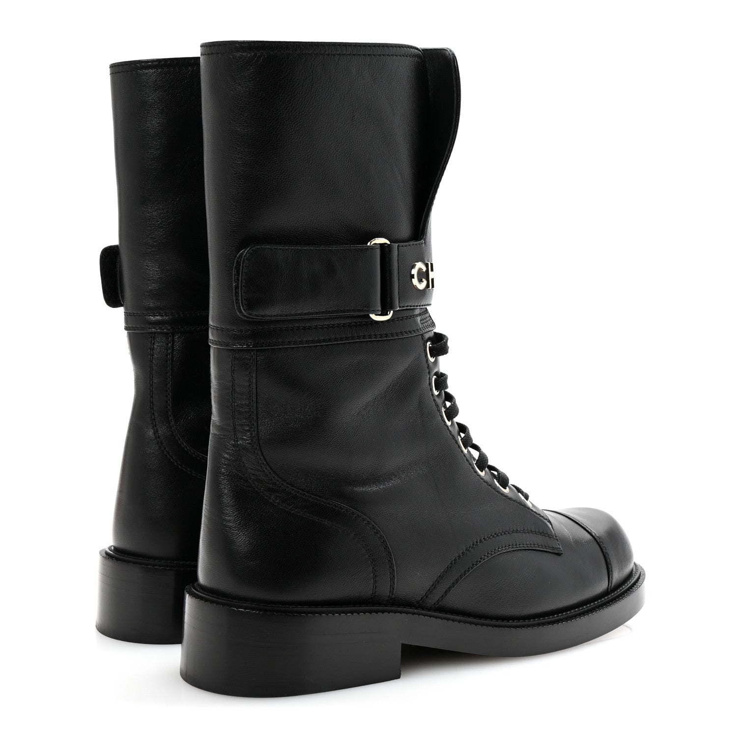 Chanel Lambskin Calfskin Lace Up Combat Boots 39 Black 5 of 9
