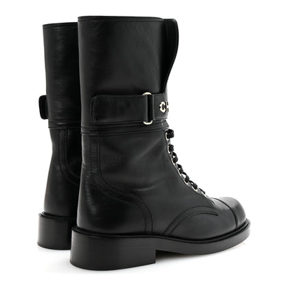 Chanel Lambskin Calfskin Lace Up Combat Boots 39 Black 5 of 9