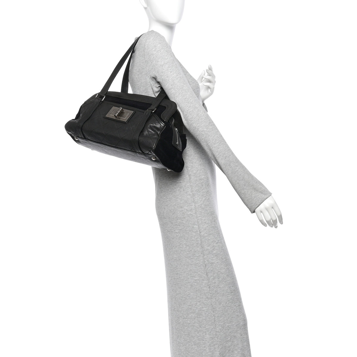Calfskin Terrycloth Quilted Large Reissue Bowling Bag Tote Black