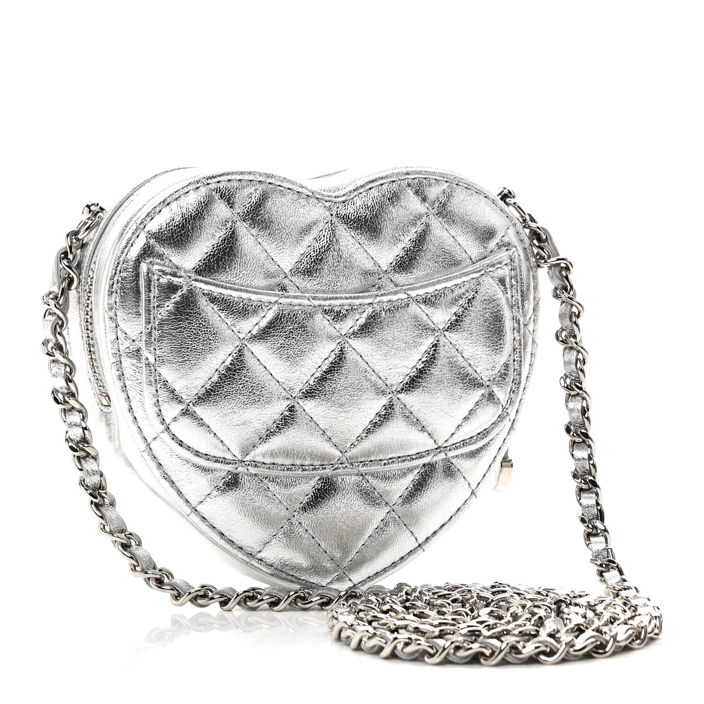 Metallic Lambskin Quilted CC In Love Heart Clutch With Chain Silver