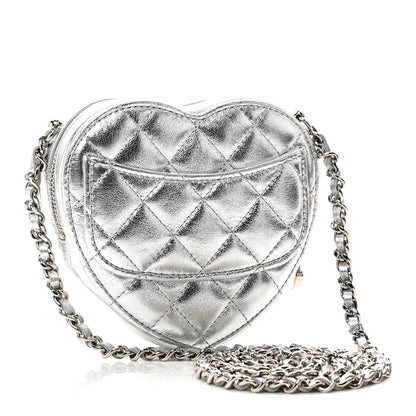 Chanel Metallic Lambskin Quilted CC In Love Heart Clutch With Chain Silver 2 of 10