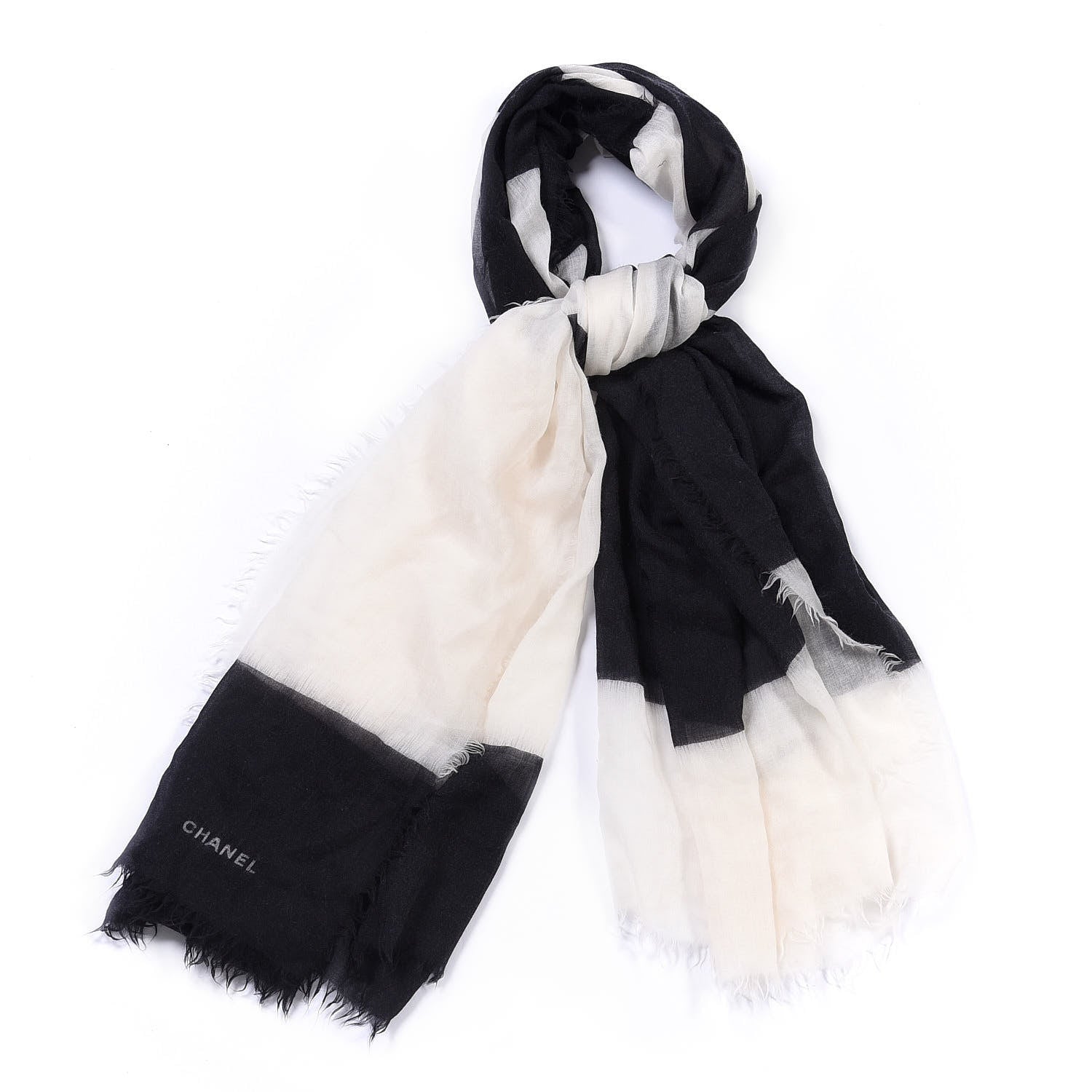 Chanel Cashmere Silk CC Fringe Scarf Black White 1 of 3