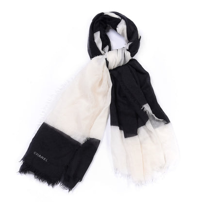 Chanel Cashmere Silk CC Fringe Scarf Black White 1 of 3